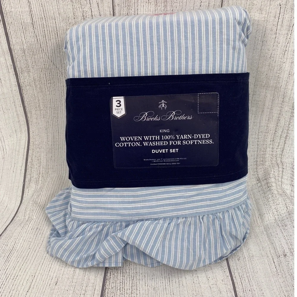 Brooks Brothers Duvet Set King Blue White Cotton Pinstripe Ruffle Luxury Bedding
